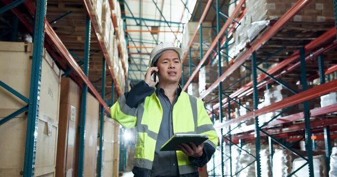 Argument, phone call and man in warehouse with tablet, inspection and distribution issue. Logistics, manager and communication in storage facility with quality control, shipping or supply chain error