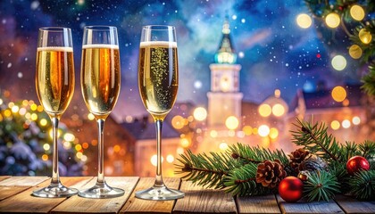 Two glasses of champagne on a festive bokeh background. Merry Christmas and happy new year