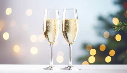 Two glasses of champagne on a festive bokeh background. Merry Christmas and happy new year