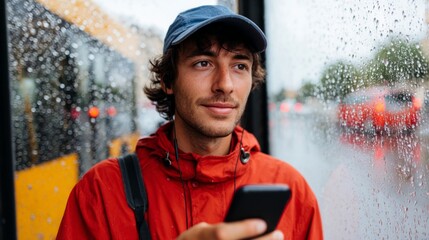 Man on bus during rainy night using phone.