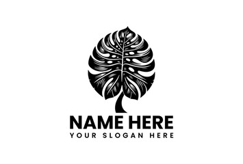 Bold Black Monstera Leaf Logo with Customizable Text Below.