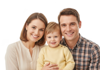 Happy family portrait isolated on transparent background, mother, father and child smiling and looking at the camera with love and affection