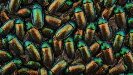 AI-GENERATED Macro Background of Iridescent Jewel Beetle Pattern &ndash; Vibrant Metallic Exoskeletons, Blue Green Copper Insects, Nature Texture for Creative Designs