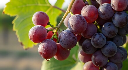 Close-up of ripe red grapes on a vine in a vineyard.