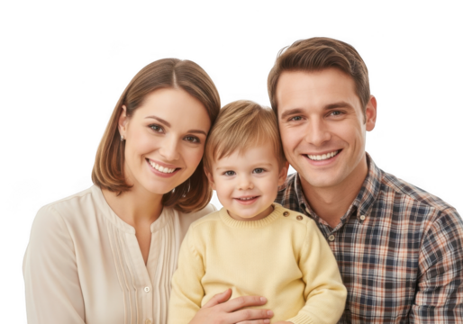 Happy family portrait isolated on transparent background, mother, father and child smiling and looking at the camera with love and affection - Powered by Adobe