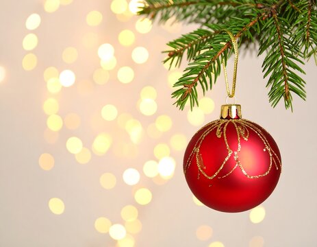Red ornament on a fir branch with glowing lights