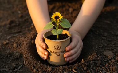 Child s hands gently holding a young sunflower plant in a pot