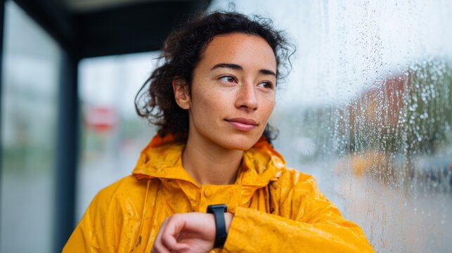 Woman waiting at bus stop in rainy weather.