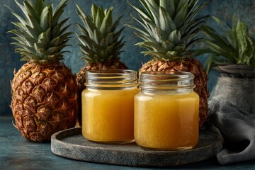 Two jars of pineapple juice sit on a platter backed by three whole pineapples and a potted plant