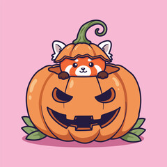 Cute Cartoon Red Panda Peeking from Halloween Pumpkin . Vector Illustration of Festive Animal Character