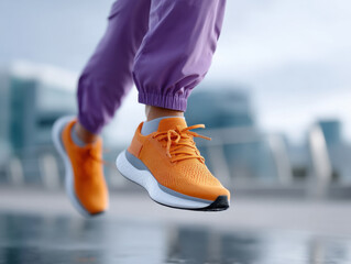 Person running wearing orange sneakers outdoors