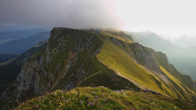 Time lapse of Sunset in Eisenerzer Alpen with Reichensteinhutte. Alp mountain in Styria, Austria