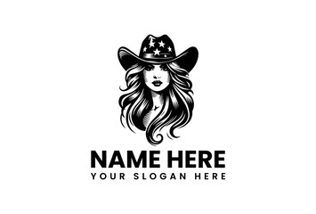 Cowgirl with StarStudded Hat and Flowing Hair Black and White Graphic.