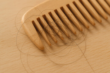Obraz premium Natural hair loss concern shown with fallen strand on wooden comb and subtle signs of alcohol consumption impact on lifestyle and self care routine