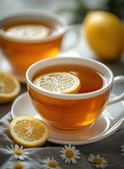 Tea cups with lemon slices. Floral cloth decorates the scene