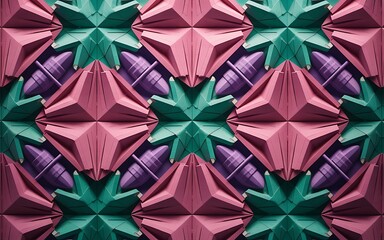 Intricate geometric origami pattern in pink teal and purple