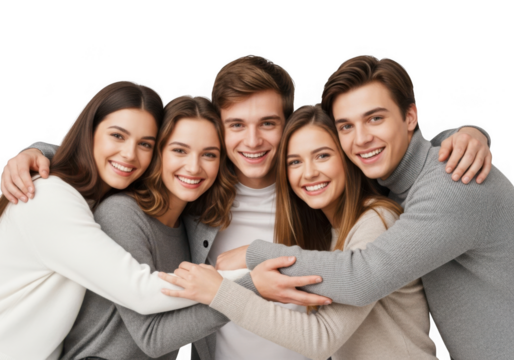 Group of five happy friends hugging isolated on transparent background, smiling and looking at the camera with love and affection, friendship concept