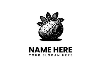 Detailed Black and White Logo of a Fruit with Leaves and Text Below.