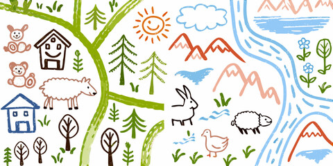 Obraz premium Charming hand drawn countryside scene with animals houses trees mountains sun and river
