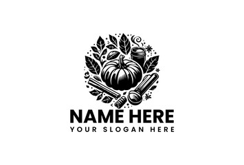Fototapeta premium Detailed Black and White Logo Featuring Pumpkin Spices and Coffee Cup.