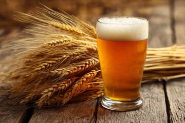 Wheat next to beer glass wood tabletop