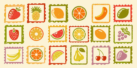 Collection of hand drawn fruit illustrations in decorative square frames on a cream background