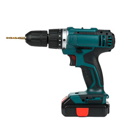Modern cordless drill showcasing metallic and teal accents with a prominent drill bit extending outwards, presented against a stark black backdrop to highlight the tool's design and functionality.