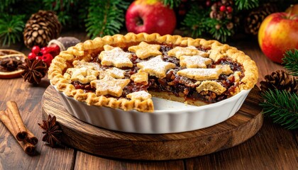 Traditional British Christmas mince pie. Homemade sweet mincemeat tart cake, filled with spiced dried fruit, nuts and apples 