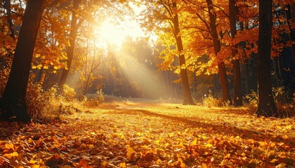 Autumn Forest Sunlight Streaming Through Golden Leaves Illuminating Forest Floor Covered in Fallen Foliage with Warm and Serene Atmosphere in Forest Landscape