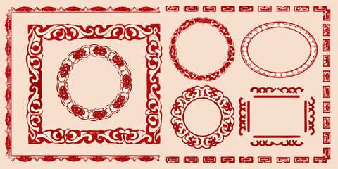 Collection of ornate red decorative borders and frames with intricate floral and scrollwork designs on a light background