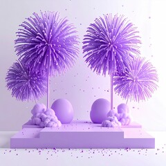 Purple sphere trees on platform, whimsical and modern