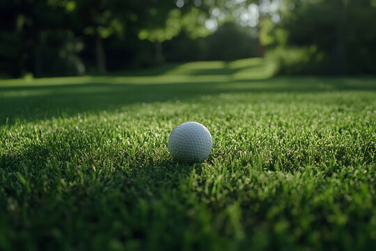 close-up view golf ball sitting perfectly on well-manicured grass field, with soft sunlight casting gentle shadows, highlighting beauty of the sport serene outdoor setting.