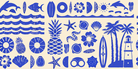 Blue tropical summer beach icons and symbols pattern on beige background © Ruhidas