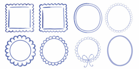 Collection of eight hand drawn blue watercolor frames and borders in square and circular shapes with decorative edges