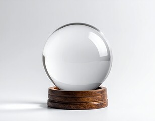 Clear crystal ball sits on wooden stand, plain background
