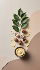 flat lay with shea butter bowl placed at base, above it arranged a minimalist bouquet of shea tree leaves, open nut shells and buttery textures