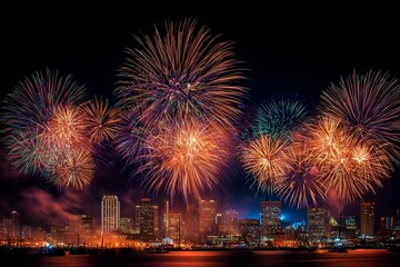 Colorful fireworks over city skyline at night.