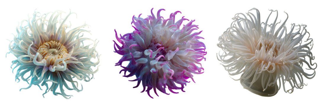 Set of A single sea anemone with flowing tentacles, subtle gradients of pink and orange, realistic water effect isolated on a transparent background