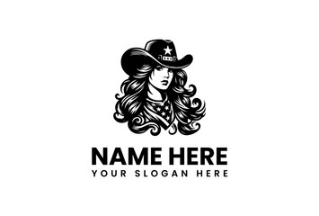 Elegant Cowgirl Portrait with StarStudded Hat and Bandana in Black and White.