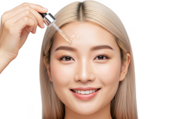 Beautiful asian woman applying serum isolated on transparent background, showcasing skincare routine and radiant complexion in a beauty and wellness concept