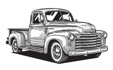 Vintage American Pickup Truck Engraving Classic Farm or Utility Vehicle in Detailed Hand Drawn Sketch Style © trianatio