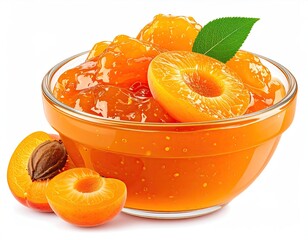 Apricot jam in a glass bowl, fruit halves and a leaf