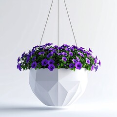 Purple flowers in geometric hanging white pot on white