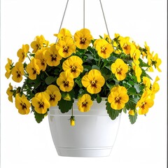Yellow pansies fill white hanging pot. Isolated, bright