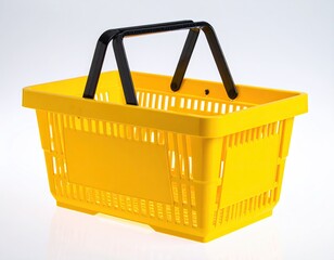 Yellow shopping basket with black handle, angled view