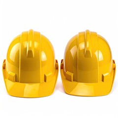 Two yellow hard hats stand side-by-side on white