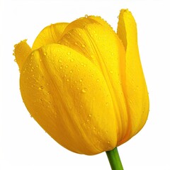 Dewy yellow tulip blossom, petals softly curved