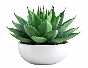 Spiky green agave plant in a white round pot