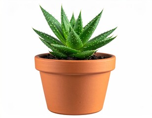 Aloe plant in terracotta pot against a white backdrop