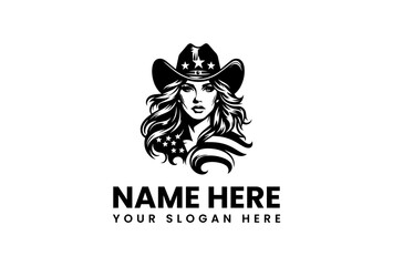Elegant Woman in Cowboy Hat with American Flag Design Logo.